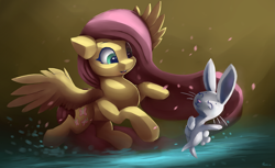 Size: 4407x2700 | Tagged: safe, artist:auroriia, character:angel bunny, character:fluttershy, species:pegasus, species:pony, species:rabbit, animal, cute, dancing, duo, eyes closed, female, high res, mare, open mouth, shyabetes, smiling, spread wings, three quarter view, wings