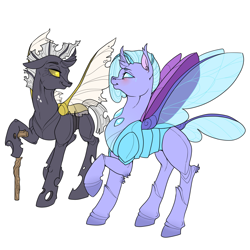 Size: 3000x3000 | Tagged: safe, artist:sourcherry, oc, oc only, oc:felicity, oc:imago, species:changeling, species:reformed changeling, cane, changedling oc, changeling oc, duo, looking at each other, old, simple background, walking stick, white background, yellow changeling