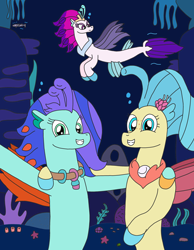 Size: 2588x3340 | Tagged: safe, artist:supahdonarudo, character:princess skystar, character:queen novo, oc, oc:sea lilly, species:seapony (g4), my little pony: the movie (2017), spoiler:my little pony movie, coral, fish, photobomb, seaquestria, selfie, smiling, starfish