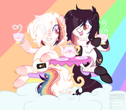 Size: 4068x3582 | Tagged: safe, artist:manella-art, base used, oc, oc:ayaka, species:earth pony, species:pony, alternate design, cloud, cup, eye clipping through hair, female, mare, ponidox, ponified, rainbow background, self ponidox, sitting, species swap, teacup, teapot