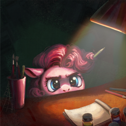 Size: 1000x1000 | Tagged: safe, artist:nemo2d, artist:weird--fish, character:pinkie pie, species:earth pony, species:pony, bust, collaboration, cute, desk, diapinkes, digital art, female, lamp, mare, paint, paintbrush, pencil, portrait, prehensile mane, solo, soon, spider web, squint