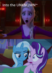 Size: 612x864 | Tagged: safe, artist:mega-poneo, edit, edited screencap, screencap, character:starlight glimmer, character:trixie, episode:on the road to friendship, elsa, frozen (movie), frozen 2, meme