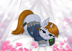Size: 3465x2454 | Tagged: safe, artist:rioshi, artist:sparkling_light, artist:starshade, base used, part of a set, oc, oc only, oc:littlepip, species:pony, species:unicorn, fallout equestria, bed, bedroom eyes, blushing, clothing, cute, cutie mark, face down ass up, fanfic, fanfic art, female, flower petals, hooves, horn, looking at you, mare, pipbuck, smiling, solo, vault suit, ych result