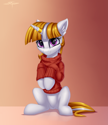 Size: 2601x3000 | Tagged: safe, artist:setharu, oc, oc only, species:pony, species:unicorn, clothing, female, gradient background, horn, horn ring, looking at you, mare, simple background, sitting, solo, sweater