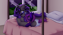 Size: 1920x1080 | Tagged: safe, artist:xcinnamon-twistx, oc, oc only, oc:aeris strider, bed, blanket, clothing, comforting, commission, female, filly, foal, hug, night, overalls, parent, parenting, pillow, rain, thunderstorm