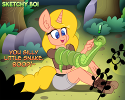 Size: 4000x3200 | Tagged: safe, artist:snakeythingy, oc, oc:coiler, oc:melody scales, species:anthro, boop, coiling, coils, commission, dialogue, snake, story included