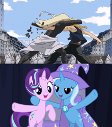 Size: 1280x1442 | Tagged: safe, artist:mega-poneo, edit, screencap, character:starlight glimmer, character:trixie, episode:on the road to friendship, anime, bipedal, edward elric, father (fma), fullmetal alchemist, meme, punch, waving