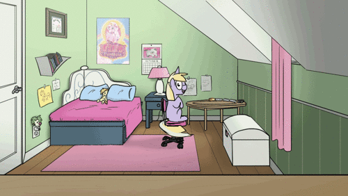 Size: 500x282 | Tagged: safe, artist:petirep, edit, character:dinky hooves, species:pony, species:unicorn, animated, bed, bedroom, calendar, chair, curtains, cute, dinkabetes, dinkysharkfighter32, door, edited gif, editor needed, female, filly, foal, frame by frame, gif, good trick, happy, i have done nothing productive all day, lamp, office chair, open mouth, poster, solo, spinning, table