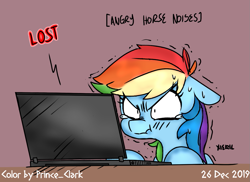 Size: 1111x810 | Tagged: safe, artist:princeclark, artist:xieril, edit, character:rainbow dash, species:pegasus, species:pony, angry, angry horse noises, color edit, colored, computer, cute, descriptive noise, female, frustrated, horse noises, laptop computer, madorable, mare, scrunchy face, solo, tears of rage, teary eyes, trembling