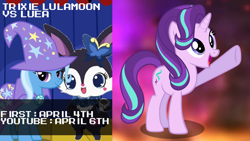 Size: 1192x670 | Tagged: safe, artist:mega-poneo, character:starlight glimmer, character:trixie, species:pony, species:rabbit, species:unicorn, animal, cape, clothing, crossover, death battle, exploitable meme, female, hat, jewelpet, luea, mare, mega poneo strikes again, meme, sanrio, sega, trixie's cape, trixie's hat