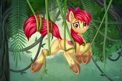 Size: 3000x2000 | Tagged: safe, artist:setharu, character:apple bloom, species:earth pony, species:pony, episode:growing up is hard to do, g4, my little pony: friendship is magic, bloom butt, blushing, bondage, butt, cutie mark, dirty hooves, dock, eye clipping through hair, female, frog (hoof), high res, looking at you, looking back, looking back at you, mare, messy mane, mud, older, older apple bloom, plot, raised tail, scene interpretation, solo, suspended, tail, tangled up, tree, underhoof, vine