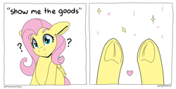 Size: 5920x3000 | Tagged: safe, artist:partylikeanartist, character:fluttershy, species:pegasus, species:pony, comic, confluttershy, confused, female, frog (hoof), heart eyes, hooves, innocent, meme, painfully innocent fluttershy, question mark, show me the goods, solo, text, underhoof, wingding eyes