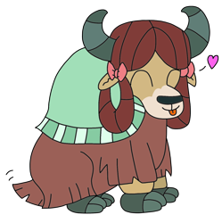 Size: 1362x1369 | Tagged: safe, artist:supahdonarudo, character:yona, species:yak, blep, bow, cloven hooves, cute, female, hair bow, heart, monkey swings, simple background, sitting, tail wag, tongue out, transparent background, yonadorable