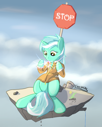Size: 1158x1440 | Tagged: safe, artist:cheshiresdesires, character:lyra heartstrings, species:pony, species:unicorn, clothing, cloud, dirt cube, female, floating, floating island, flower, jacket, magic, sign, sitting, sky, solo, stop sign