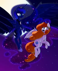 Size: 1638x1998 | Tagged: safe, artist:ayvie-art, artist:victoreach, character:princess luna, oc, species:alicorn, species:pegasus, species:pony, duo, female, flying, full moon, looking at each other, mare, moon, night, smiling, spread wings, wings