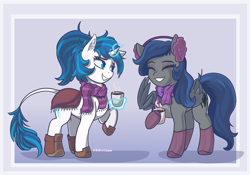 Size: 4000x2800 | Tagged: safe, artist:eifiechan, oc, oc only, species:pegasus, species:pony, species:unicorn, blanket, boots, chocolate, clothing, commission, earmuffs, eyes closed, female, food, hoof hold, hot chocolate, laughing, laughingmares.jpg, levitation, magic, mare, mug, scarf, shoes, smiling, telekinesis