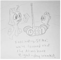 Size: 855x840 | Tagged: safe, artist:dex stewart, character:spike, character:twilight sparkle, species:alicorn, species:pony, fanfic:the mane six discover human music, eight days a week, fanfic, fimfiction, monochrome, radio, song reference, the beatles