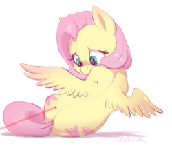 Size: 1884x1640 | Tagged: safe, artist:buttersprinkle, character:fluttershy, species:pegasus, species:pony, behaving like a cat, both cutie marks, cute, female, laser pointer, looking back, mare, shyabetes, simple background, solo, spread wings, white background, wings, worried