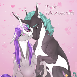 Size: 1200x1200 | Tagged: safe, artist:dementra369, oc, oc only, oc:grace, oc:ronald, species:pony, species:unicorn, couple, holding hooves, holiday, looking at each other, romance, shipping, sitting, valentine's day