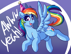 Size: 3376x2582 | Tagged: safe, artist:graphene, character:rainbow dash, species:pegasus, species:pony, backwards cutie mark, birthday, clothing, cute, dashabetes, dialogue, female, happy, happy birthday, hat, high res, mare, open mouth, party hat, rainbow dash day, rainbow dash's birthday, smiling, solo, spread wings, text, wings
