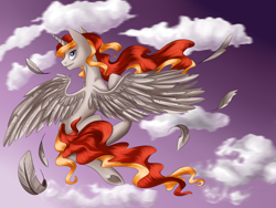 Size: 3072x2304 | Tagged: safe, artist:weird--fish, oc, oc only, oc:prince mars, species:alicorn, species:pony, alicorn oc, cloud, feather, horn, male, sky, solo, wings