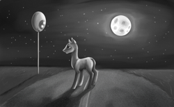 Size: 3000x1850 | Tagged: safe, artist:weird--fish, lonely, monochrome, moon, night, solo