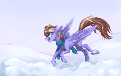 Size: 2448x1536 | Tagged: safe, artist:weird--fish, oc, oc only, species:pegasus, species:pony, clothing, contest entry, floppy ears, glasses, male, profile, scarf, snow, solo, stallion, trotting, winter