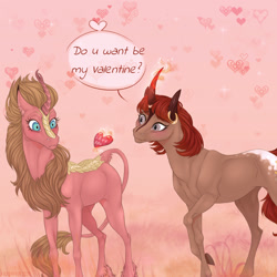 Size: 1200x1200 | Tagged: safe, artist:dementra369, oc, oc only, oc:firefly, species:kirin, species:pony, species:unicorn, female, holiday, looking at each other, mare, shipping, valentine's day