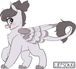 Size: 655x596 | Tagged: safe, artist:liefsong, patreon reward, oc, oc only, oc:junebug, species:bat pony, species:sphinx, blushing, cute, floppy ears, fluffy, hybrid, leonine tail, patreon, paws, simple background, smiling, solo, watermark