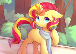 Size: 1700x1200 | Tagged: safe, artist:leafywind, character:sunset shimmer, species:pony, species:unicorn, clothing, cute, female, floppy ears, looking at you, mare, missing cutie mark, scarf, shimmerbetes, solo, starry eyes, wingding eyes