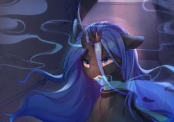 Size: 1700x1200 | Tagged: safe, artist:leafywind, character:queen chrysalis, species:changeling, angry, blue changeling, bust, cell, chains, changeling queen, crown, female, jewelry, portrait, regalia, solo