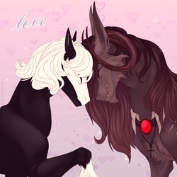 Size: 1200x1200 | Tagged: safe, artist:dementra369, oc, oc only, oc:daniel crime, species:earth pony, species:pony, demon, holiday, looking at each other, male, shipping, stallion, valentine's day