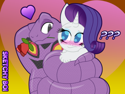 Size: 4000x3000 | Tagged: safe, artist:snakeythingy, character:rarity, species:pony, species:unicorn, :s, arbok, bedroom eyes, blushing, chest fluff, coils, colored pupils, crack shipping, crossover, crossover shipping, female, floating heart, flower, flower in mouth, gradient background, heart, heart background, high res, interspecies, looking at each other, mare, massage, mouth hold, pokémon, question mark, rose, rose in mouth, shipping, smiling, story included, wavy mouth