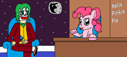 Size: 1288x580 | Tagged: safe, artist:logan jones, character:pinkie pie, arthur fleck, chair, clown, desk, hello pinkie pie, joker (2019), mare in the moon, moon, not murder, not what he seems, not what it looks like, out of context, party cannon, talk show, this will end in a party, this will end in laughs, unshorn fetlocks, when you see it
