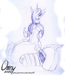 Size: 800x928 | Tagged: safe, artist:omny87, character:princess cadance, species:anthro, species:siren, spoiler:comic, breasts, busty princess cadance, evil cadance, evil grin, grin, monochrome, monster pony, reflections, smiling, species swap