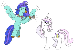 Size: 3247x2227 | Tagged: safe, artist:supahdonarudo, character:fleur-de-lis, oc, oc:sea lilly, species:classical hippogriff, species:hippogriff, species:pony, species:unicorn, camera, flying, jewelry, necklace, one eye closed, posing for photo, raised hoof, simple background, taking a photo, transparent background