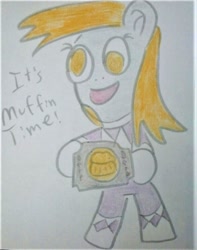 Size: 794x1007 | Tagged: safe, artist:dex stewart, character:derpy hooves, species:anthro, species:pegasus, species:pony, female, food, it's muffin time, mighty morphin power rangers, morpher, muffin, pink ranger, power rangers, solo, traditional art