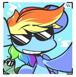 Size: 983x1000 | Tagged: safe, artist:sourspot, character:rainbow dash, character:tank, species:pegasus, species:pony, camera shot, cloud, duo, female, male, mare, selfie, sky, smiling, sunglasses, tortoise