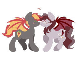 Size: 2576x1890 | Tagged: safe, artist:amazing-artsong, oc, oc only, oc:savory zest, oc:scarlet quill, species:bat pony, species:pony, bat pony oc, blushing, boop, commission, couple, cute, digital art, eyes closed, female, glasses, male, mare, married, married couple, noseboop, oc x oc, ocbetes, scarlory, shipping, simple background, stallion, transparent background, ych result