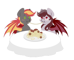 Size: 2452x1998 | Tagged: safe, artist:amazing-artsong, oc, oc only, oc:savory zest, oc:scarlet quill, species:bat pony, species:pony, bat pony oc, blushing, commission, couple, cute, digital art, eating, female, food, glasses, male, mare, married, married couple, meatballs, oc x oc, ocbetes, pasta, scarlory, shipping, simple background, spaghetti, stallion, transparent background, ych result
