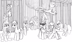 Size: 2060x1188 | Tagged: safe, artist:dsb71013, character:anchors away, oc, oc:amber spark, oc:light fantastic, oc:maplejack, oc:misty monsoon, oc:night cap, oc:rhapsody, oc:snowy skies, oc:static signal, species:earth pony, species:pegasus, species:pony, species:unicorn, g3, female, flying, forest, forest background, g3 to g4, generation leap, glowing horn, goggles, grayscale, horn, jewelry, levitation, luggage, magic, male, mare, monochrome, necklace, sitting, size difference, smol, stallion, sunglasses, telekinesis, tree