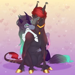 Size: 1200x1200 | Tagged: safe, artist:dementra369, oc, oc only, species:earth pony, species:pony, species:unicorn, accessories, collar, fangs, female, hug, kiss on the cheek, kissing, leonine tail, looking at each other, male, mare, prosthetics, scar