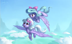 Size: 2400x1490 | Tagged: safe, artist:luciferamon, character:cloudchaser, character:flitter, species:pegasus, species:pony, bow, cloud, cute, duo, female, flying, hair bow, looking at each other, mare, open mouth, siblings, sisters, sky, spread wings, wings