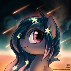 Size: 2000x2000 | Tagged: safe, artist:jedayskayvoker, oc, oc only, oc:star universe, species:pegasus, species:pony, cute, ethereal mane, female, galaxy mane, looking at you, mare, meteor, meteor shower, night, night sky, profile, sky, smiling, smiling at you, solo