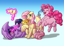 Size: 3625x2648 | Tagged: safe, artist:jack-pie, character:fluttershy, character:pinkie pie, character:twilight sparkle, character:twilight sparkle (alicorn), species:alicorn, species:earth pony, species:pegasus, species:pony, blushing, commission, cute, diapinkes, digital art, female, levitation, magic, mare, medal, pennant, shyabetes, smiling, telekinesis, trophy, twiabetes