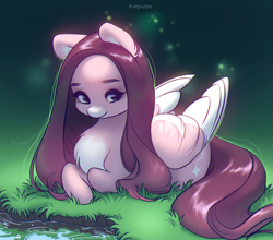 Size: 1949x1713 | Tagged: safe, artist:katputze, oc, oc only, species:pegasus, species:pony, chest fluff, cute, female, grass, looking at you, mare, markings, outdoors, pale belly, prone, solo, water