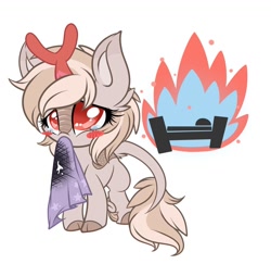Size: 1024x996 | Tagged: safe, artist:starlightlore, oc, oc only, oc:emberwhirl, species:kirin, bed, blanket, blush sticker, blushing, burned, burning, cute, female, filly, fire, hnnng, kirin oc, mouth hold, oops, simple background, solo, teary eyes, towel, white background