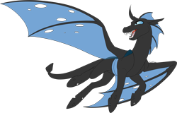 Size: 2547x1633 | Tagged: safe, artist:mythpony, oc, oc only, oc:zoljen, blue changeling, dragonling, flying, male, simple background, solo, spread wings, tattered, tattered wings, transparent background, wings