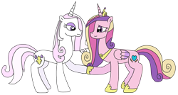Size: 3052x1637 | Tagged: safe, artist:supahdonarudo, character:fleur-de-lis, character:princess cadance, species:alicorn, species:pony, species:unicorn, ship:fleurdance, crown, facing each other, female, folded wings, grin, holding hooves, infidelity, jewelry, lesbian, lidded eyes, looking at each other, necklace, regalia, shipping, simple background, smiling, transparent background, wings