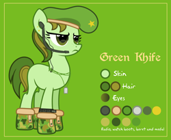 Size: 4000x3273 | Tagged: safe, artist:n0kkun, oc, oc only, oc:commando goer, species:earth pony, species:pony, beret, blank flank, boots, clothing, dog tags, ear piercing, earpiece, earring, female, freckles, green background, hat, jewelry, mare, piercing, reference sheet, shoes, simple background, solo, watch, wristwatch